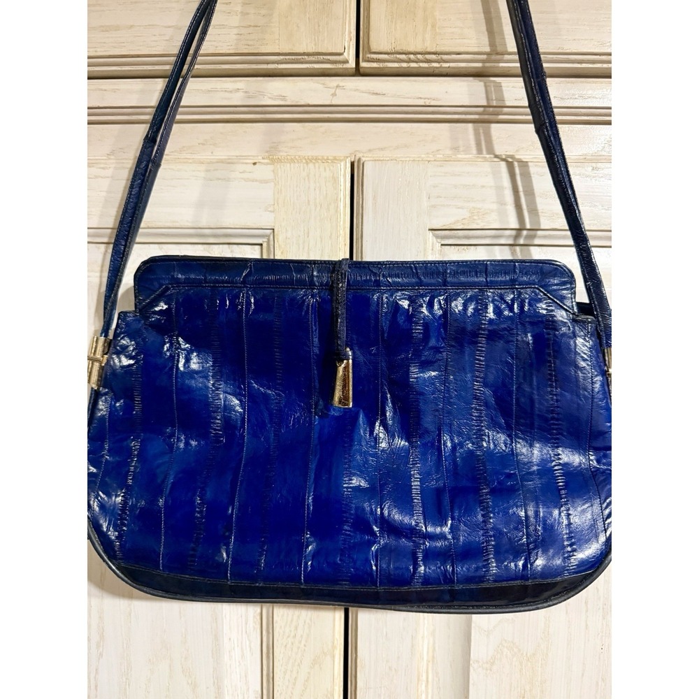 Vintage EEL Skin Double Strap Shoulder Bag Leather Purse Royal Blue Gold